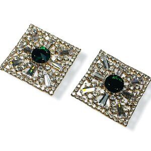 Art Deco Themed Gold Toned Earrings with Green and Clear Stone Accents NEW